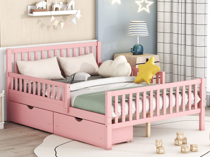 Platform Bed With Guardrails On Both Sides And 2 Storage Drawers