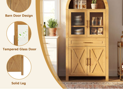 Arched Kitchen Pantry Cabinet With Adjustable Shelves And Barn Door Design