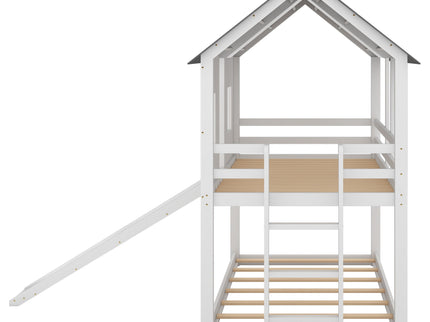 Twin Over Twin House Bunk Bed With Slide And Windows - White / Gray