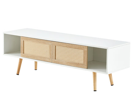 55.12" Rattan TV Cabinet, Double Sliding Doors For Storage, Adjustable Shelf, Solid Wood Legs, TV Console For Living Room