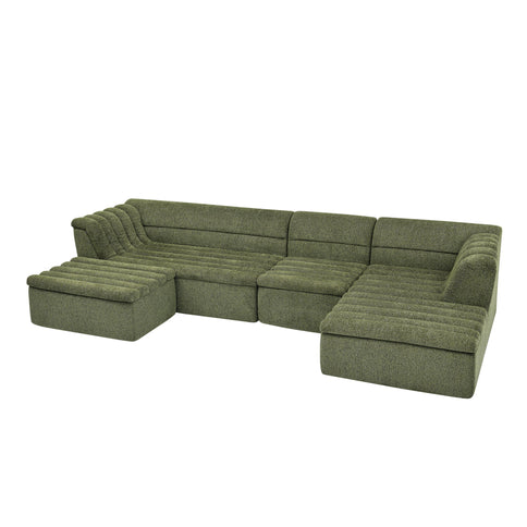 U-Shaped Modular Sectional Sofa With Chaise And Movable Ottoman With Wave-Shaped Armrest