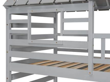House Bunk Bed With Trundle, Storage Staircase, Roof And Window Design