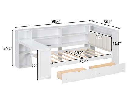 Platform Bed With Upholstered Headboard, Storage Shelves, Drawers, Charging Station, LED Lighting, Built In Desk