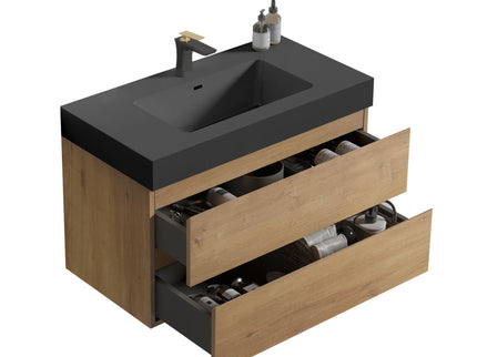 Alice - Natural Oak Bathroom Vanity With Sink, Large Storage Wall Mounted Floating Bathroom Vanity For Modern Bathroom, One-Piece Sink Basin Without Drain