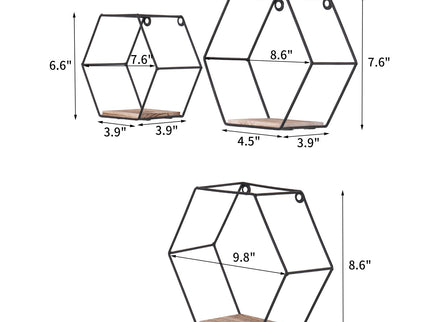 Wall Mounted Hexagonal Floating Shelves - Black (Set of 3) In Different Sizes, Modern Metal Wall Shelf, Simple Wood Partition Storage Shelves, Wall Decor Rack - Natural Wood