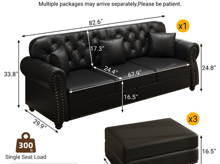 Upholstered Sofa With Nailhead Trim, Rolled Armrests With Ottoman