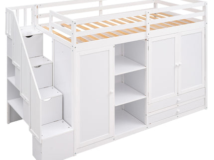 Loft Bed With 3 Shelves, 2 Wardrobes, 2 Drawers, Ladder Storage