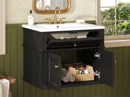 Wall Mounted Bathroom Vanity With Tip Out Drawer And Open Back Design