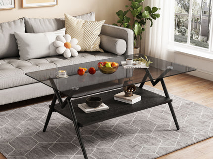Rectangle Coffee Table With Tempered Glass Top And Shelf, Modern Table For Living Room