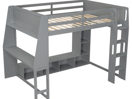 Gaming Loft Bed With Desk, Multi Storage Shelves, LED Lighting, And Hanging Clothes Rack
