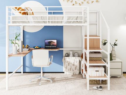 Loft Bed With Desk And Grid, Stylish Frame With Lateral Storage Ladder And Wardrobe