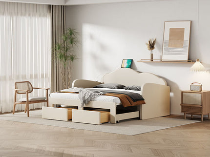 Upholstered Daybed With Cloud-Shaped Backrest, Trundle & 2 Drawers And USB Ports