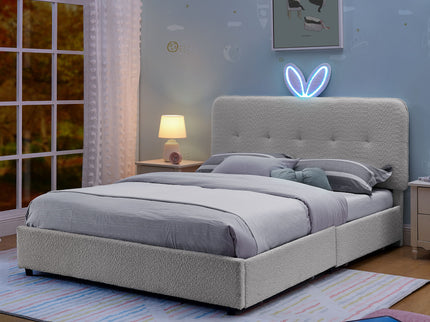Upholstered Bed With Oversized Rabbit Ear Headboard, LED Lights & 4 Storage Drawers