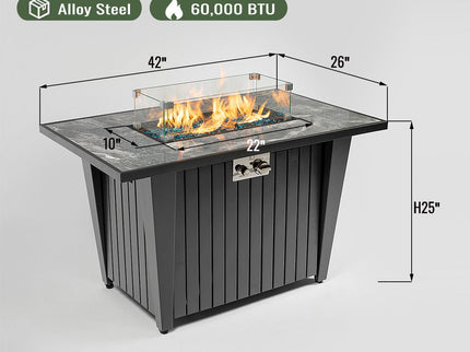 Morden Steel Fire Pit Table With Marble Tile Tabletop, Glass Wind Guard And Lid