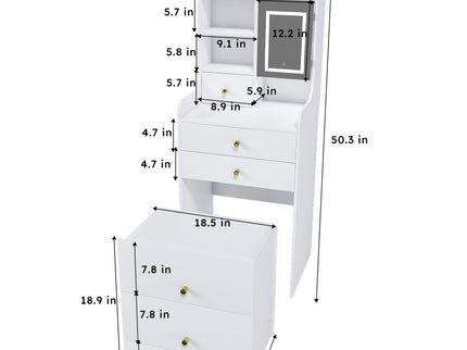 3 In 1 Dressing Table With LED Mirror & Storage Stool, Compact Makeup Vanity - White
