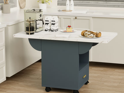 Versatile Wood Folding Dining Table With Wheels, Storage Rack & Drawer, Space Saving Design - White