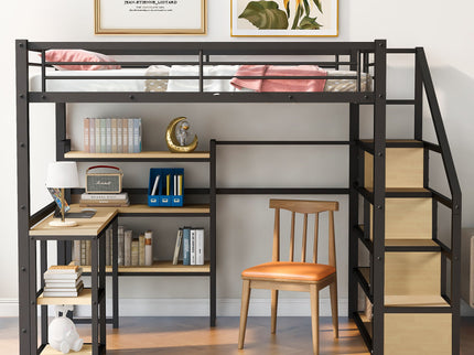 Full Size Loft Bed With Staircase, Built In Desk And Shelves And Sleeping Surface - Black