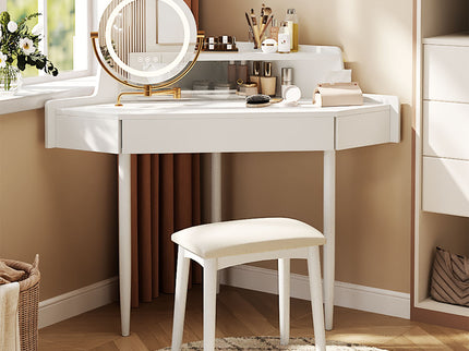 Modern Corner Makeup Vanity Desk With Large Storage, LED Mirror & Stool, Adjustable Brightness, Space Saving - White