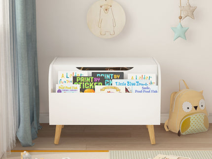 Toy Box With Front Bookshelf, Flip Top Lid, Safety Hinge For Kids Room Organization - White