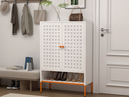 Grid Double Door Shoe Cabinet With Adjustable Compartments And Moisture-Proof Design In Metal