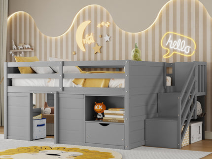 Low Loft Bed Frame With Built In Stairs, Storage Drawer, Shelf And 7 Color LED Light