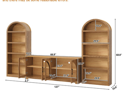 3 Piece TV Stand Set With Bookshelf With Arched Design For Living Room - Brown