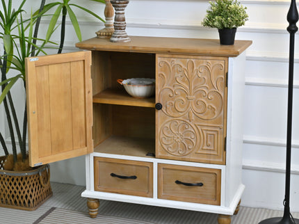 Accent Flower Carved Door Sideboard Cabinet With 2 Drawers For Kitchen - Natural Wood Wash / White