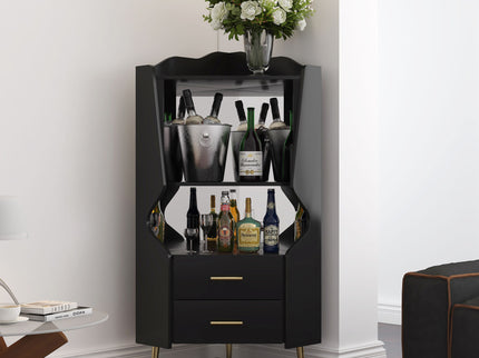 Corner Bar Cabinet With Mirrored Back, 2 Open Shelves & 2 Drawers, High Legs For Easy Cleaning
