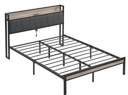 Modern Bed Frame With LED Lights, Upholstered Headboard, USB Charging