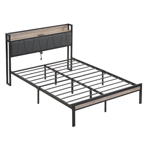 Modern Bed Frame With LED Lights, Upholstered Headboard, USB Charging