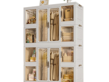Portable Wardrobe Closet Storage Organizer For Clothes With Magnetic Doors, 12 Cubes & 2 Hanging Rods - White