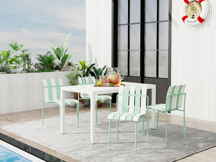 4 Piece Set Of Striped Color Blocking Single Chairs With Long Table - Cream White / Haze Green / White