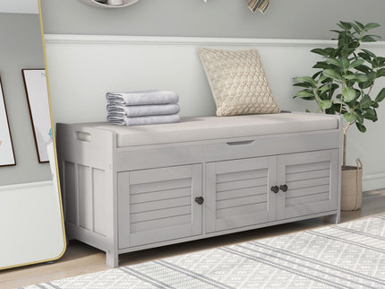 Storage Bench With 3 Shutter-Shaped Doors, Shoe Bench With Removable Cushion And Hidden Storage Space