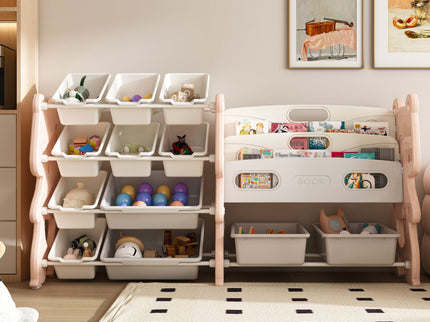 Kids Toy Storage Organizer With 2 Tier Bookshelf, Toy Storage With 12 Bins