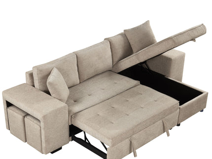 Modern L-Shape 3 Seat Reversible Sectional Couch, Pull Out Sleeper Sofa With Storage Chaise And 2 Stools For Living Room Furniture Set