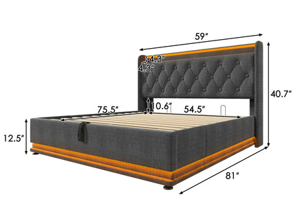 Upholstered Bed, 360 Surround LED Function, Remote Control, Hydraulic Storage Bed With USB, Type-C Charging (Without Mattress)
