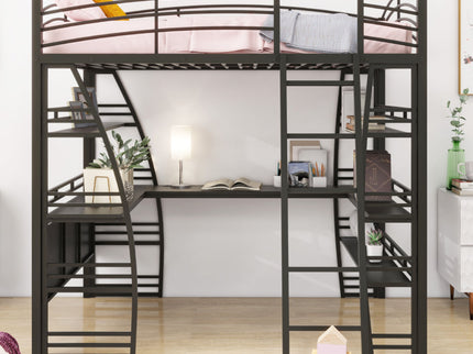 Loft Bed With 4 Layers Of Shelves And L-Shaped Desk, Stylish Metal Frame Bed With A Set Of Sockets, USB Ports And And Wireless Charging