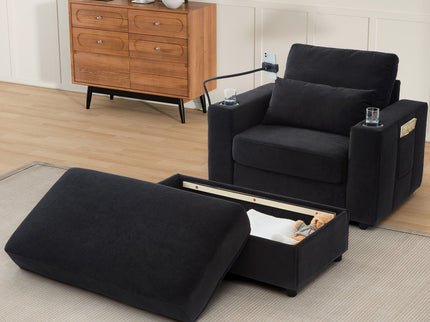 Modern Style Armchair Chaise Lounge Sofa Couch With Movable Storage Ottoman, USB Ports, Cup Holders, Phone Holder, Side Pockets