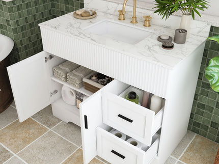 Bathroom Vanity Set, Fluted Cabinet, Soft Close Doors, 3 Faucet Holes, Sink Included - White