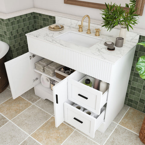 Bathroom Vanity Set, Fluted Cabinet, Soft Close Doors, 3 Faucet Holes, Sink Included - White