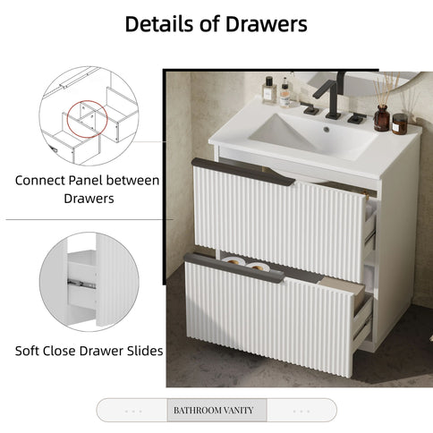 Fluted Bathroom Vanity With Ceramic Sink, Freestanding Cabinet