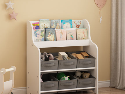 Bookshelf With 6 Storage Bins, Multi Functional Children's Bookcase And Toy Organizer - White