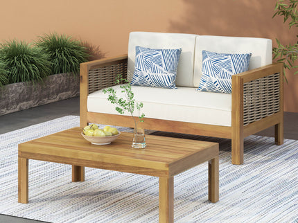 Outdoor Patio Set With Coffee Table And Loveseat - Teak / Beige