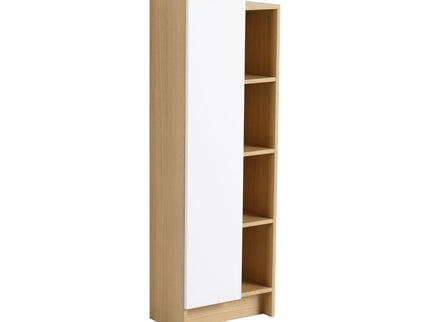 Tall Freestanding Bathroom Side Cabinet With Single Door & 4 Tier Open Shelves - Black / Light Oak / White