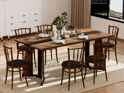 Rustic Rectangular Large Dining Table, Waterproof Desk For 8 People, & Steel With Adjustable Legs - Black / Rustic Brown