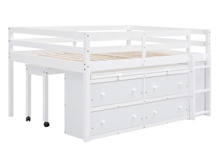 Loft Bed With Retractable Writing Desk And 4 Drawers, With Lateral Portable Desk And Shelves