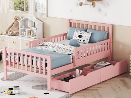 Platform Bed With Guardrails On Both Sides And 2 Storage Drawers