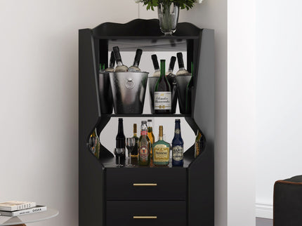 Corner Bar Cabinet With Mirrored Back, 2 Open Shelves & 2 Drawers, High Legs For Easy Cleaning
