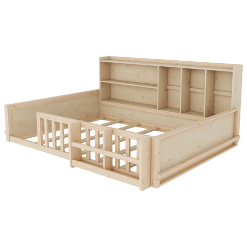 Platform Bed Frame With Guardrail, Storage Shelves & Bookshelf
