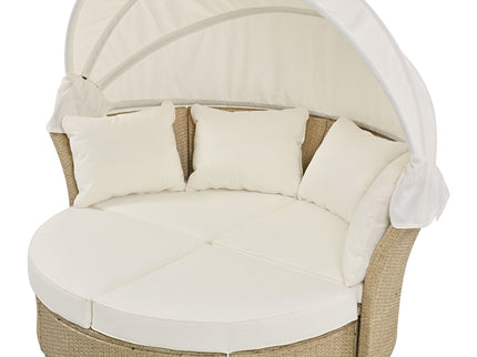 Outdoor Patio Daybed Wicker Rattan Double Daybed Round Sofa Furniture Set With Retractable Canopy, 4 Pillows For Lawn Garden